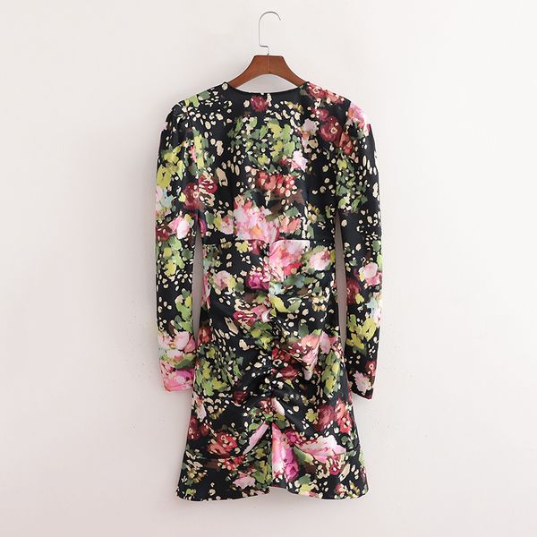 

2021 new deep neck slim dresses womens long sleeve floral print clothing street style spring summer mtmf, Black;gray