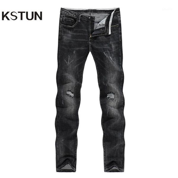 

kstun winter jeans men black jeans stretch slim straight ripped hip hop distressed men high street frayed cowboys1, Blue