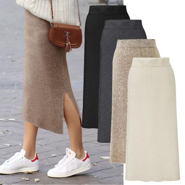 

fashion autumn winter korean knitted women skirts large size elastic waist split a-line skirts female plus size skirts, Black