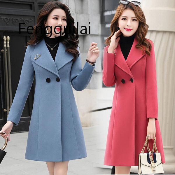 

korean autumn slim woolen coat women clothing womens winter jackets and coats plus size streetwear coral red green c1111, Black