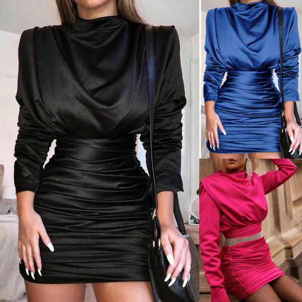 Sólido sólido das mulheres saco de pescoço alto quadril slim encaixe vestido plissado back zipper brilhante cintura de feixe ultra curto vestido de mangas compridas