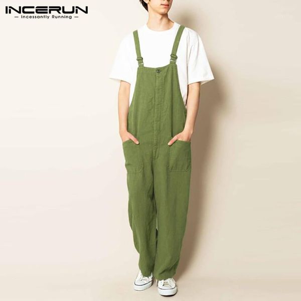 

men jumpsuit cotton pockets solid color vintage suspenders bib overalls pants streetwear joggers chic mens rompers s-5xl incerun1, Black