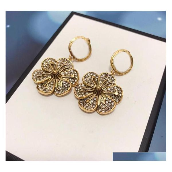 

trendy flowers earrings full diamond charm earrings brand letters studs women earrings jewelry rhinestone designer pendant earring uhhcs, Golden