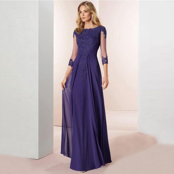 Roxo 3/4 mangas compridas rendas mãe de thr vestidos de noiva apliques comprimento de chão chiffon vestidos de noite formal