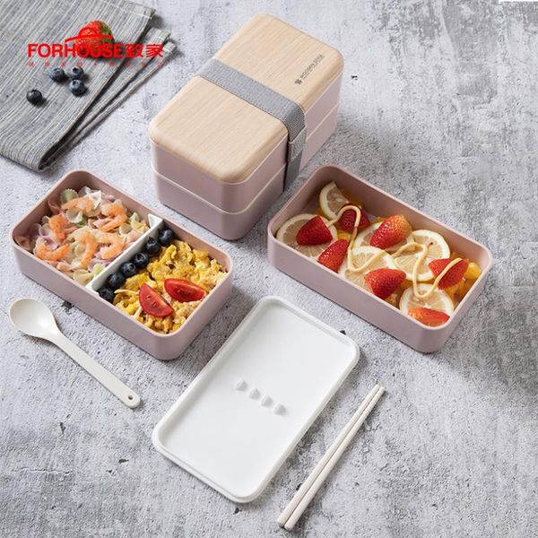 

1200ml portable 2 layer lunch box food container microwavable oven bento portable leakproof with spoons chopsticks for kids bbyqnk