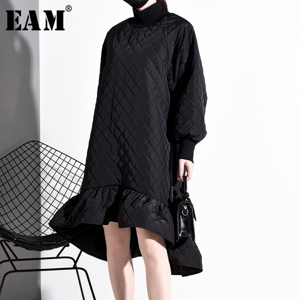 

eam] women black ruffles hem temperament dress new turtleneck long sleeve loose fit fashion tide spring autumn 2020 1m49801, Black;gray