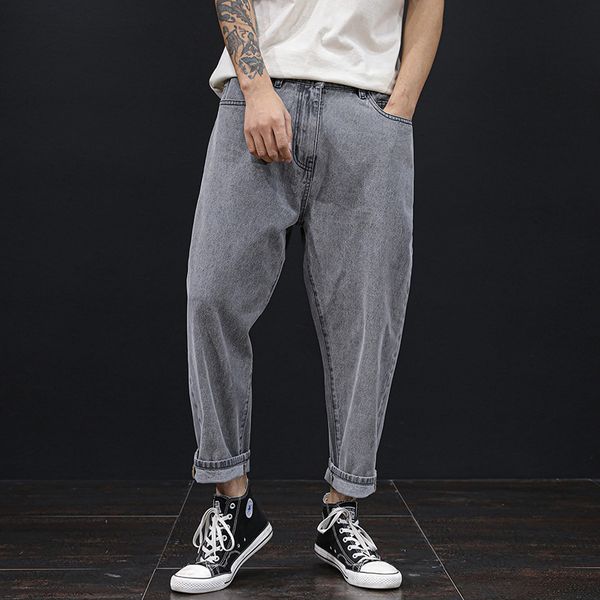 

plus size 42 46 48 men's fashion hip hop blue 2021 new loose wide leg jeans male denim ankle-lenght pants, Black