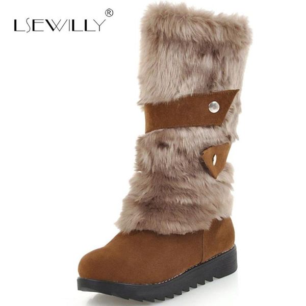 

lsewilly 2020 plus size 34-43 winter warm plush mid calf boots women shoes woman retro comfort fur warm woman snow boots e142, Black