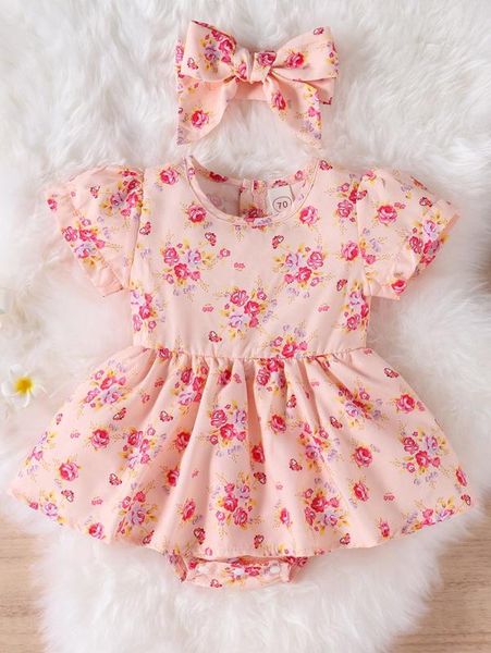 

baby floral print puff sleeve combo bodysuit dress with headband she, Red;yellow