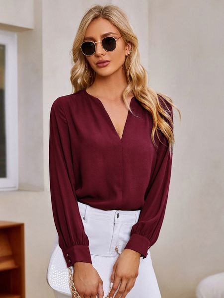 

button detail cuff notched neck e96c#, White
