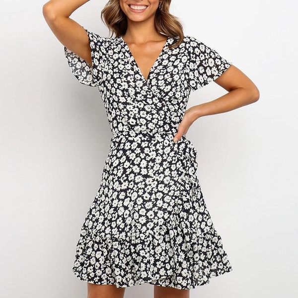 

women summer v neck a line floral print dress ruffles flare short sleeve beach dress fashion wrap mini dresses lady robe femme, Black;gray