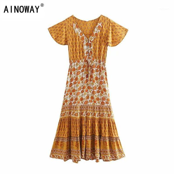 

vintage chic women floral print short sleeve rayon bohemian dresses ladies v neck tassel summer boho pleated maxi dress vestidos1, Black;gray