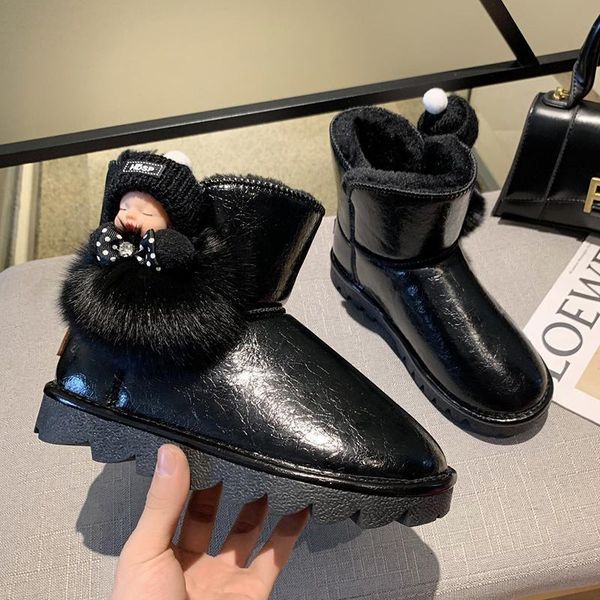 

rimocy fashion doll faux fur patent leather snow boots women new winter warm short plush mid boots non slip platform shoes woman, Black