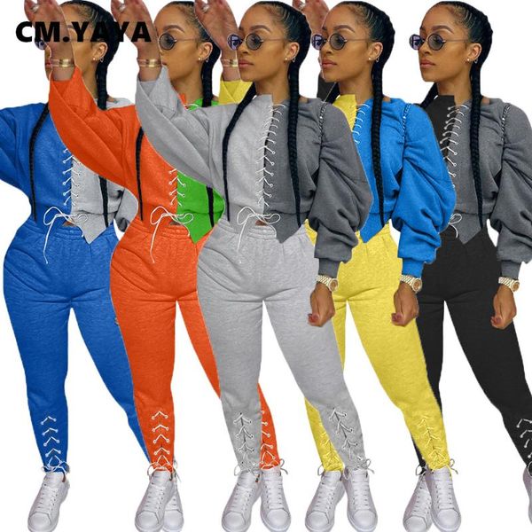 

cm.yaya patchwork women's set lace up sweatshirt lace up jogger pants set active wear tracksuit two piece fitness outfits, Gray