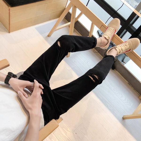 

2019 autumn and winter men's nine-point black casual jeansjeans and jeansjeans korean-style trendy knee-piercing pants slim casual pant, Blue