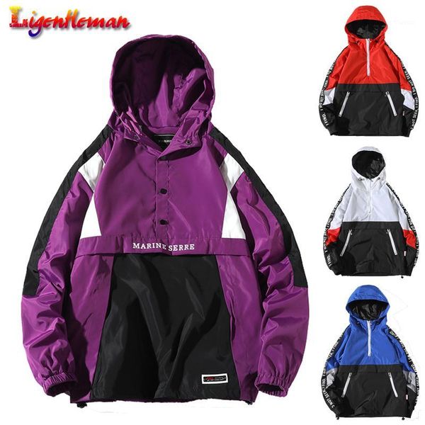 

men female fashion coat autumn winter loose zipper hip hop windbreaker men hooded jackets patchwork color block pullover jacket1, Black;brown