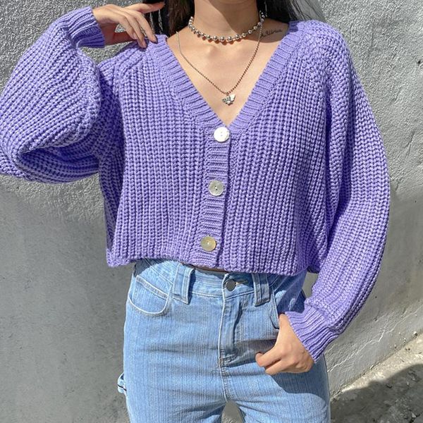 

wish v-neck lady sweater knitted cropped cardigans solid color puff sleeve button fashion fashionable fall sweet clothes, White