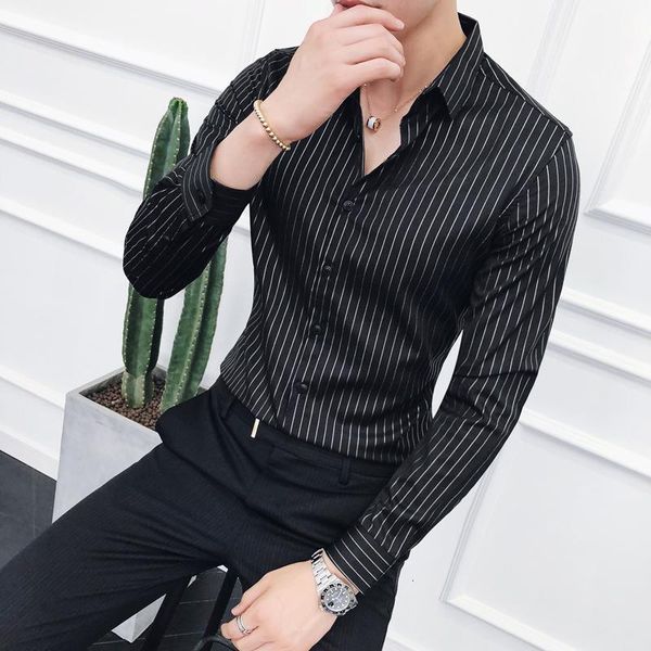 

men's shirt 2020 autumn and winter new long sleeve slim striped long sleeve shirt youth personality fashion trend men's wear1, White;black