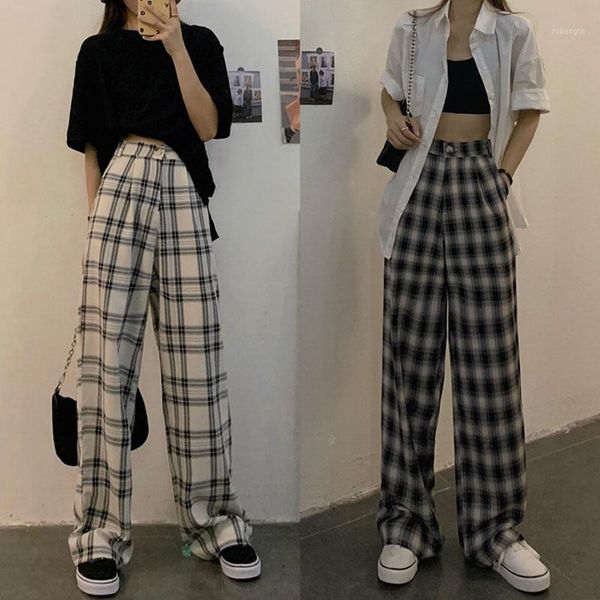 

high-waisted thin mopping pants plaid wide-leg pants straight loose thin one size1, Black;white