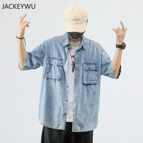 

men's casual shirts brand hip hop denim shirt men 2021 fashion wild washing long sleeve two pocket loose streetwear blue men's clo, White;black