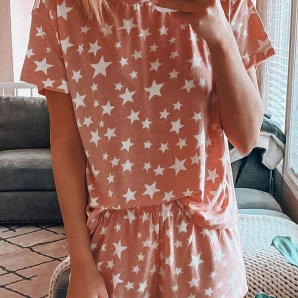 

2020 new actress women's star print short-sleeved home 2020 summer new summer actress suit women's star print short-sleeved home s, Gray