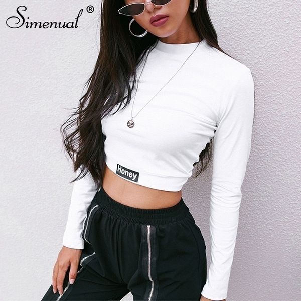 

simenual fashion autumn female t-shirt crop letter print white tshirt slim turtleneck long sleeve t-shirts women y200109