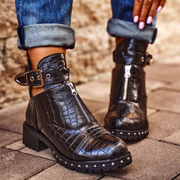 

boots fashion 2021 motorcycle woman shoes chunky heels rivet buckle decoration ins comfy ankle booties ladies, Black