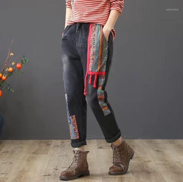 

autumn winter jeans retro women loose elastic waist denim pants new patchwork bleached casual female denim trousers1, Blue