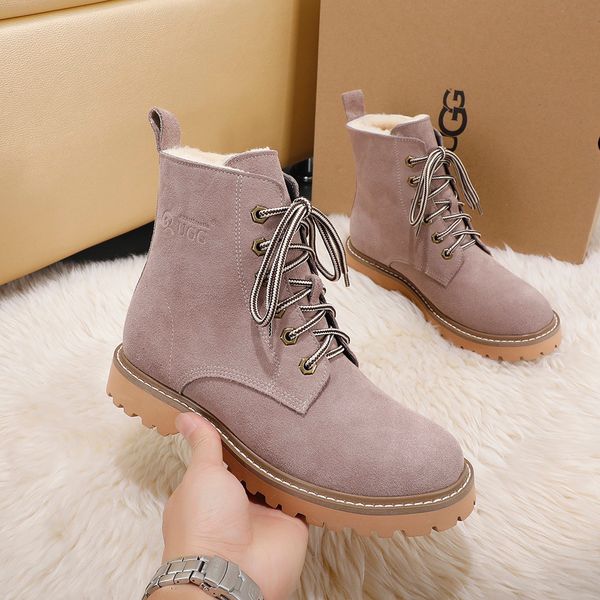 

designer womens boots luxury taro powder brown suede lace-up with fluff round head low heel boots with box size 35-44, Black