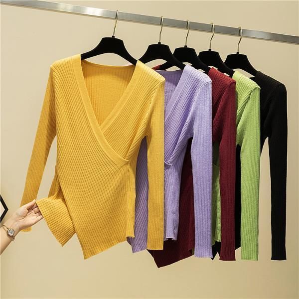 

2020 new irregular v-neck dress long sleeve slim knit sweater bottoming shirt, White