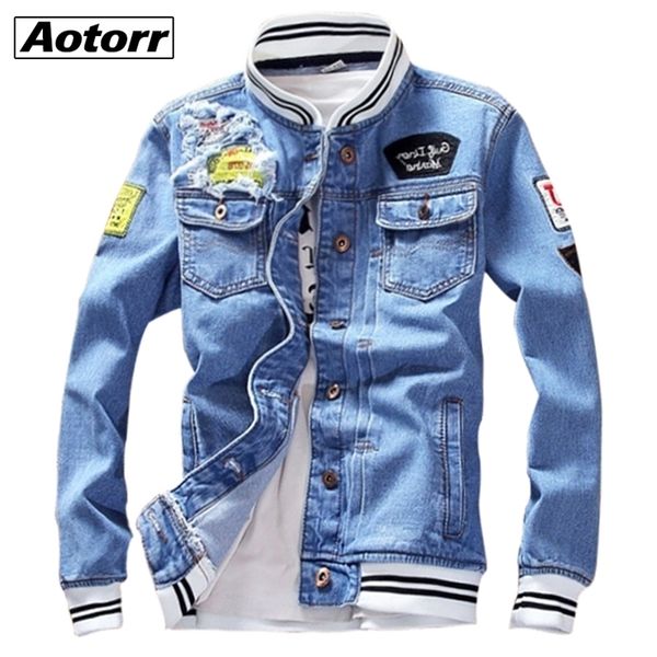 

slim fit men denim blue jeans jackets long sleeve holes coat spring casual male streetwear cowboy button vintage jacket y201026, Black;brown
