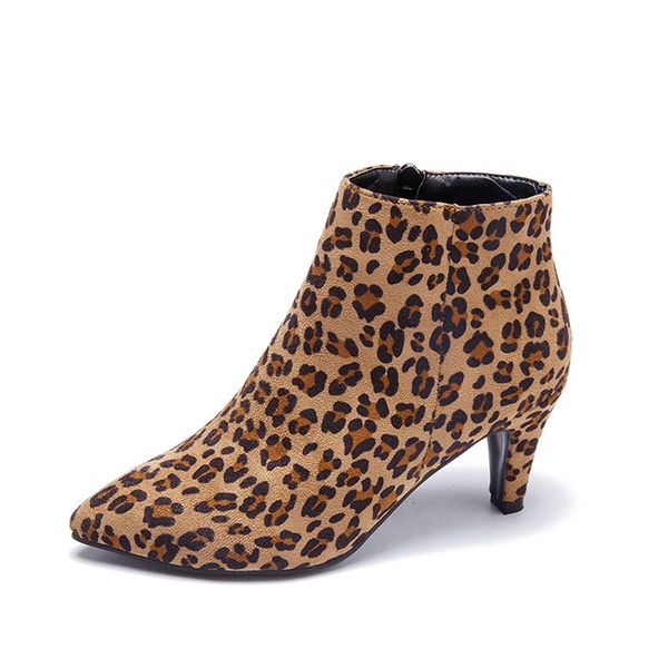 

2021 new women zip pointed toe ankle ladies flock fashion leopard boots short plush spike high heels casual shoes dwks, Black