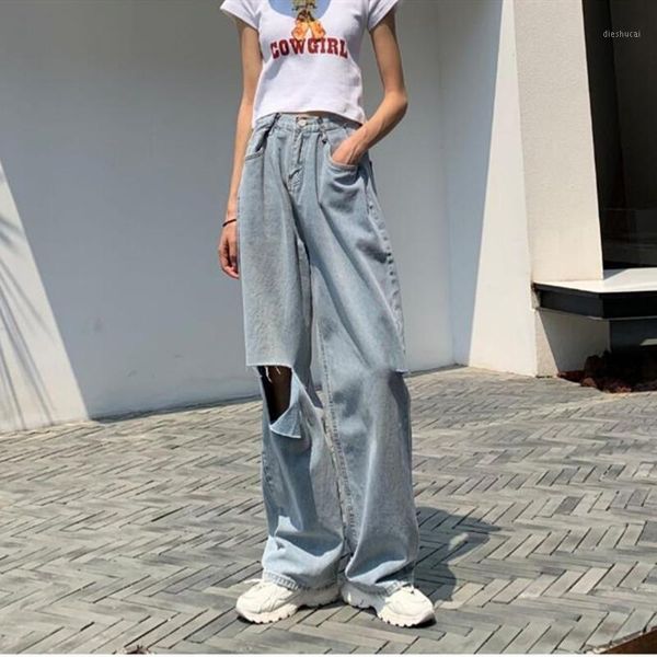 

woman jeans ripped clothes high waisted 2020 summer streetwear baggy wide leg vintage fashion stretch harajuku straight pants1, Blue