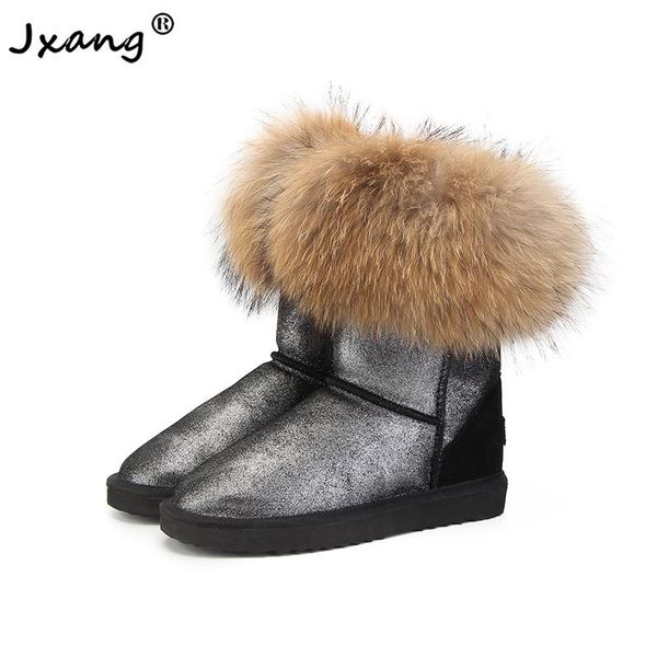 

jxang 2020 genuine leather women's snow boots 100% natural fur boots winter women's ing, Black