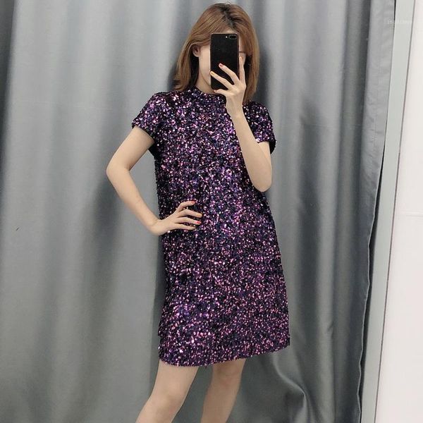 

shiny sequins dress spring 2020 new fashion purple color o-neck short sleeve women mini dresses1, Black;gray