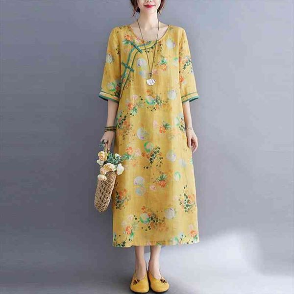 

women cotton linen casual dress arrival summer vintage style floral print loose female a-line long dresses b089, Black;gray