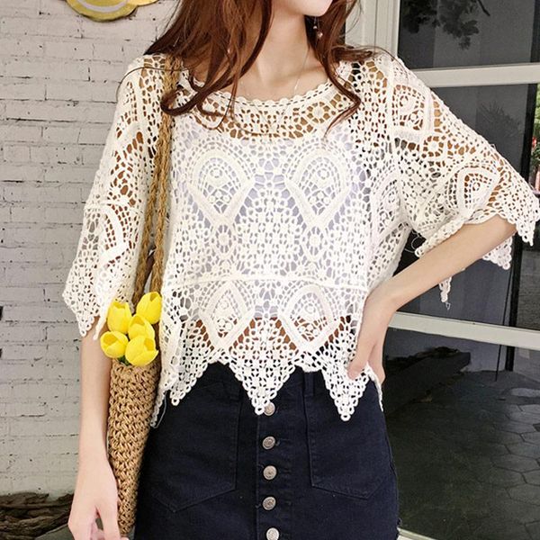 

women's blouses & shirts vintage transparent summer blouse embroidery lace crop female elegant hollow out white shirt women 2021