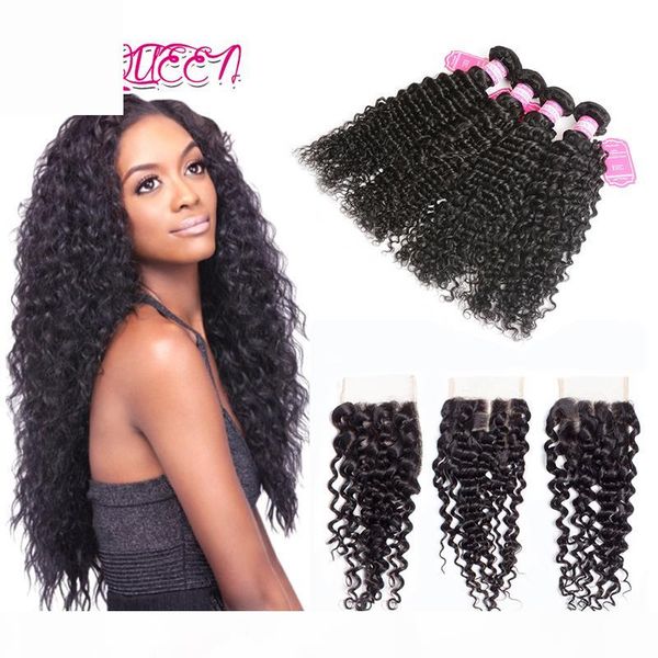 

brazilian virgin human hair lace closure 4 boundles with lace closure human hair unprocessed deep wave weaves closure ing, Black;brown
