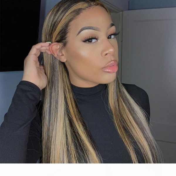 

2x4 honey blonde коричневый парик highlight прямой парик волос перуанский remy для женщин 100% человеческих волос 150% плотность цвета slove, Black;brown