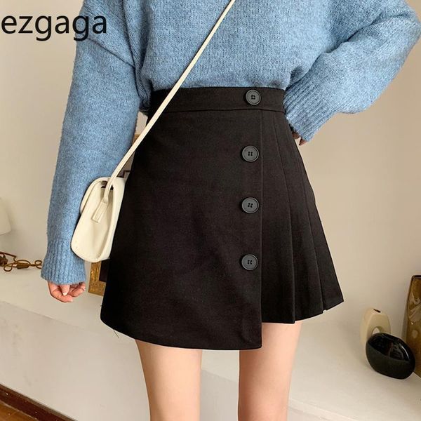 

ezgaga elegant y2k skirts women 2020 autumn winter fashion irregular solid a-line high waist pleated mini skirts button chic1, Black