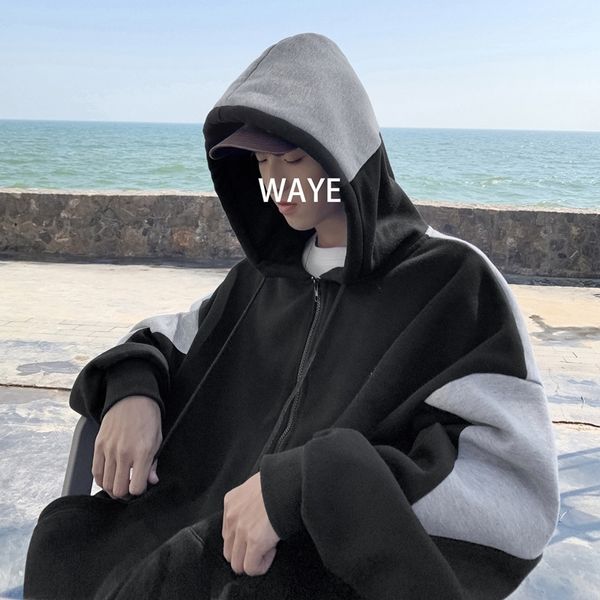 

0q4lo ins harajuku свитера свободного свитера контраст цвета стиль мужского капюшон корейского пальто модного хип-хоп стиль красивого кардиг, Black