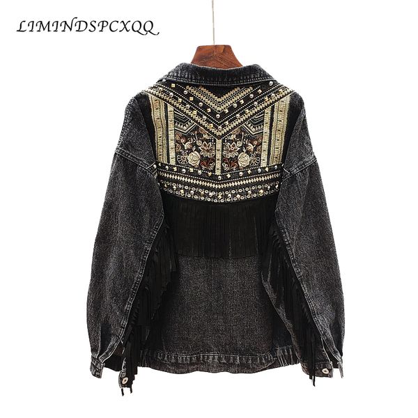 

denim women jacket spring vintage floral embroidery suede fringe loose coat long sleeve outerwear female jacket chaquetas mujer c1106, Black;brown