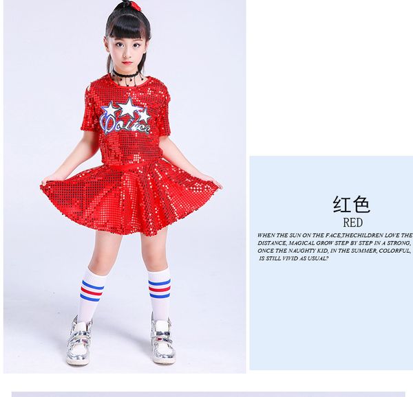 

new kids girls stage performance hip hop jazz dance costume shiny sequins crop with skirt striped socks dancewear set, Black;red