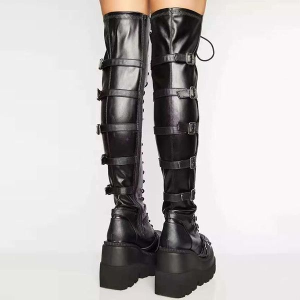 

2021 winter women's leather boots long shoes thigh high over the knee boots black lace-up pu size 35-43
