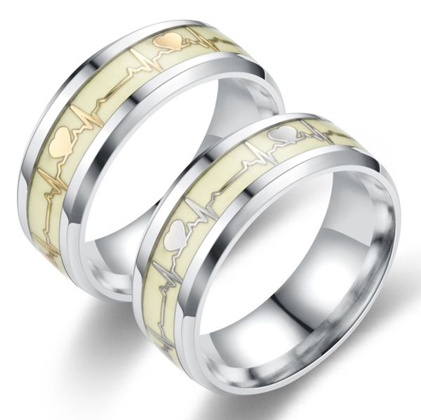 

personality male and female stainless steel luminous heartbeat ring electrocardiographic titanium steel couple ring, Silver