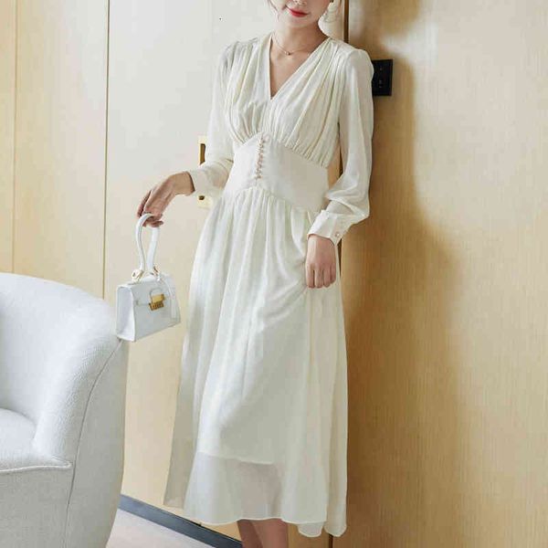 

woman casual dresses 2022 spring simple temperament bubble sleeve v-neck waist slim pearl yarn long sleeve dresses, Black;gray