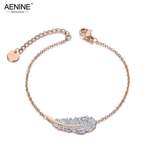 

aenine white clay cz crystal feather charm bracelets for women rose gold stainless steel link & chain bracelet jewelry ab20016, Golden;silver