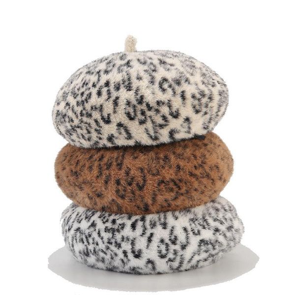 

fashion lady leopard print beret hat wool warm plain beanie hat cap, Blue;gray