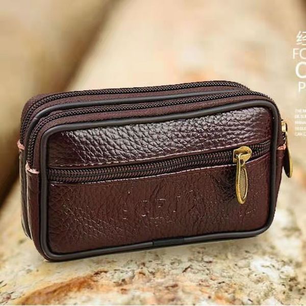 

Leather Waist Fanny Pack Mens Belt Bag Travel Cash Card Holder Wallet Phone Pouch Hip Bum bag Casual Purse mobile phones Bags, Two pulls 17.8cm