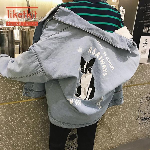 

liketkit men winter denim jackets outerwear 2019 light blue cotton print warm denim coats men oversize lambswool thicker jackets1, Black